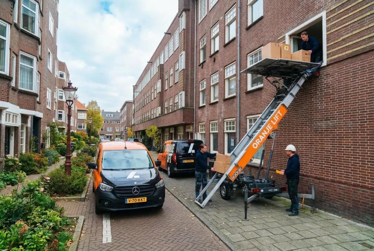 Aanhangerlift geplaatst in een smalle straat in Alphen aan den Rijn
